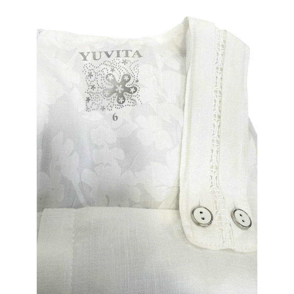 Yuvita White Linen Sleeveless Pleated Short Midi Dress Flowy Coastal Summer 6 - Picture 4 of 7